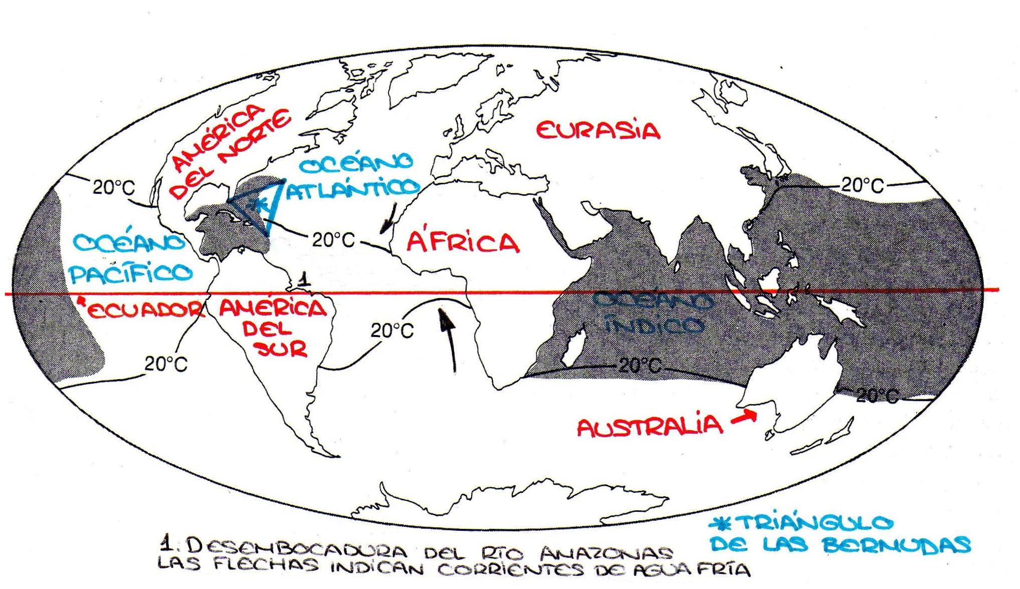 En el mapa se muestra la distribución de los arrecifes de coral (áreas sombreadas). Modificado de: Ruppert Barnes, Zoología de los invertebrados. 6ª Edición.